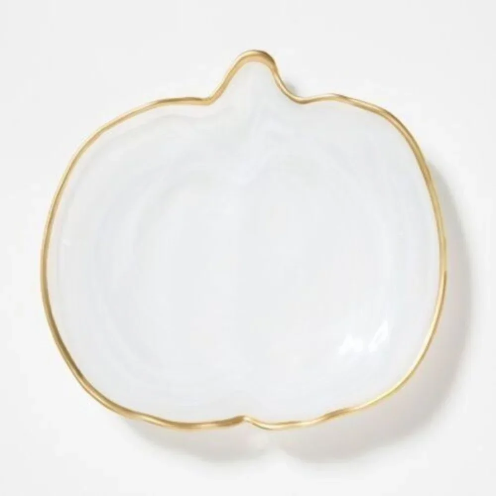 Vietri Alabaster Glass White Gold Edge Pumpkin Large Plate